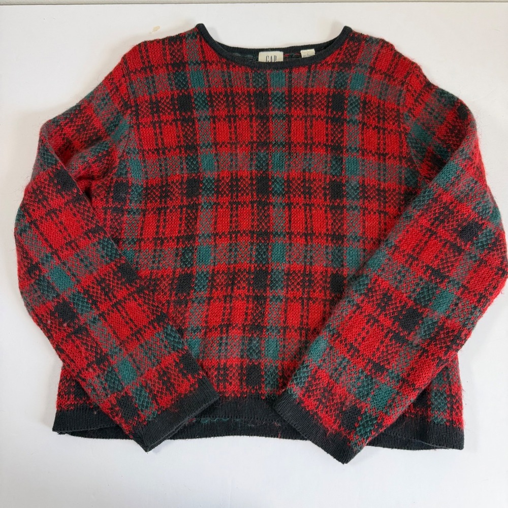 Vintage GAP Sweater Large Red Green Plaid Mohair Blend 90s Cozy Crewneck Holiday